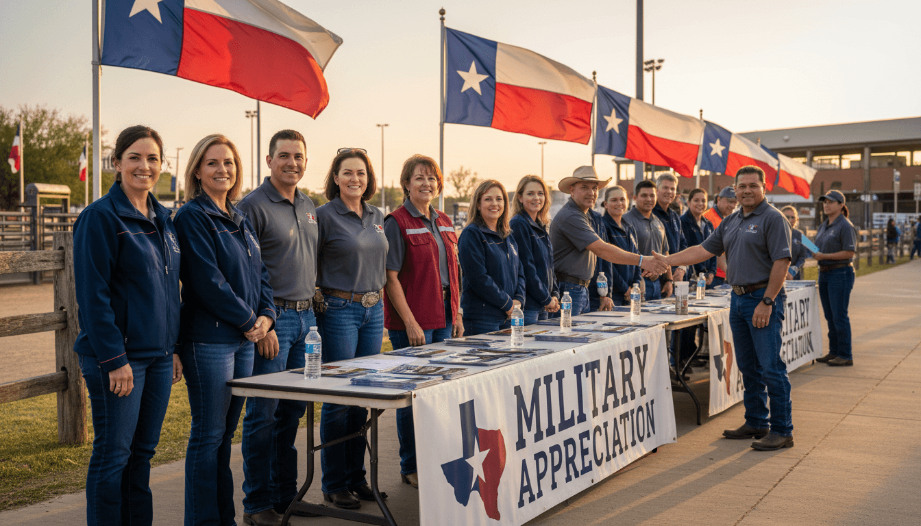 Military Affairs committee volunteers wearing branded polos and lightweight jackets at the outdoor military appreciation area with flags and volunteer table nea